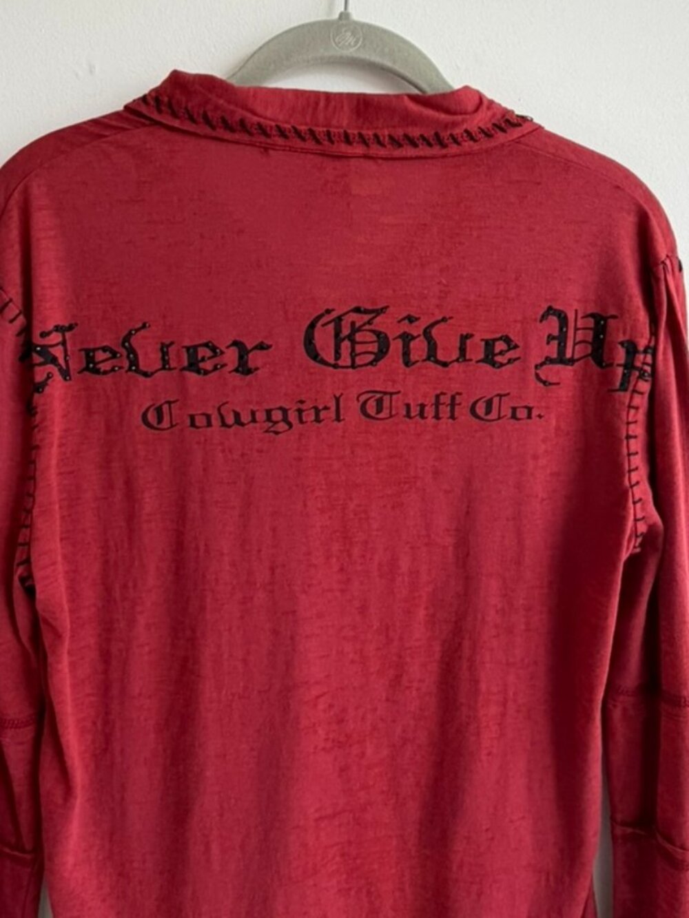 Cowgirl Tuff Co. "Never Give Up" Long Sleeve Henley — Size M